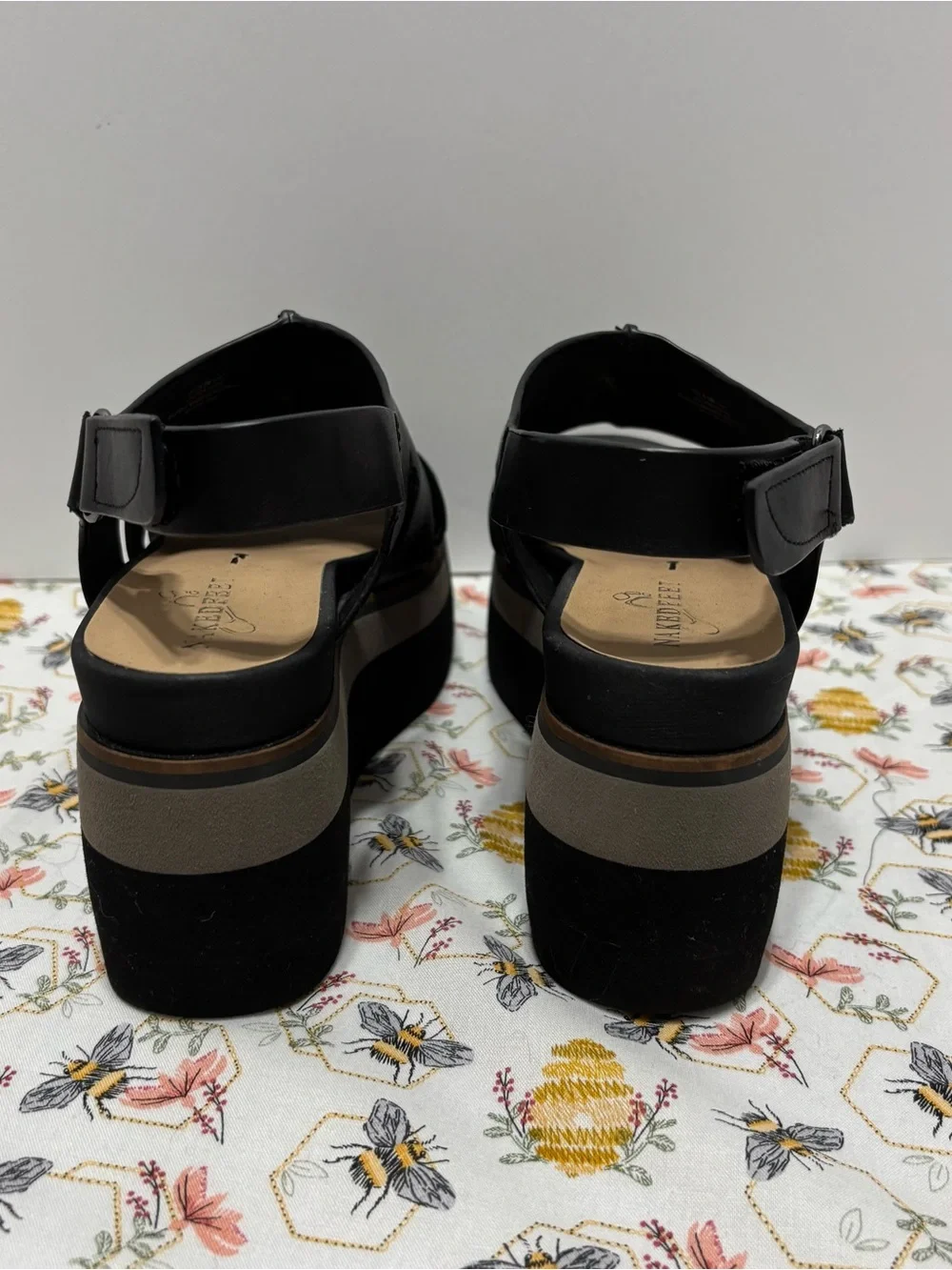 Naked Feet Black Leather Platform Slingback Sandals